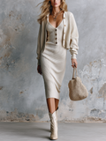 Chic Elegant Off-White Spaghetti Straps V-Neck Slim-Fit Ribbed Midi Dress Single-Breasted Long-Sleeve Cardigan Knit Two-Piece Set