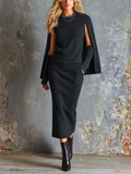 Chic Elegant Black Round-Neck Cape Sleeve Detached Cuffs Slim-Fit Midi Skirt Knit Two-Piece Set