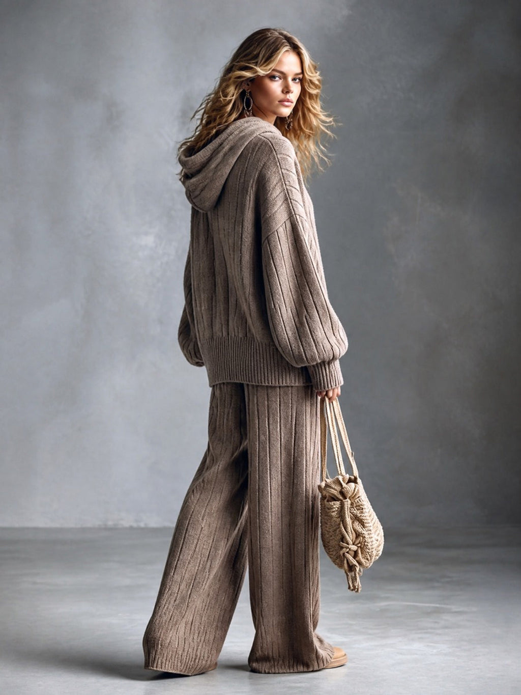 Chic Elegant Light Brown Hooded Long-Sleeve Oversized Sweater Elastic-Waist Wide-Leg Pants Wool Blend Ribbed Knit Two-Piece Set