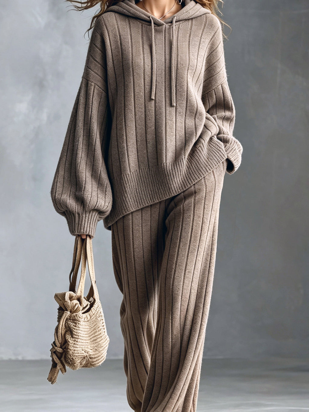 Chic Elegant Light Brown Hooded Long-Sleeve Oversized Sweater Elastic-Waist Wide-Leg Pants Wool Blend Ribbed Knit Two-Piece Set