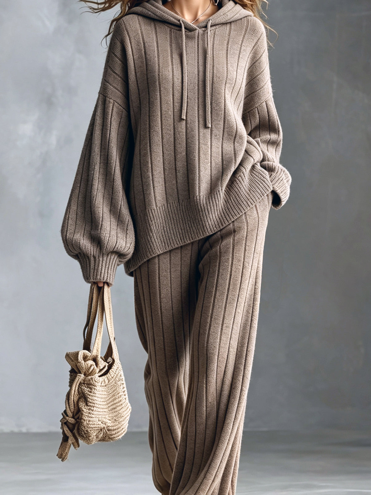 Chic Elegant Light Brown Hooded Long-Sleeve Oversized Sweater Elastic-Waist Wide-Leg Pants Wool Blend Ribbed Knit Two-Piece Set