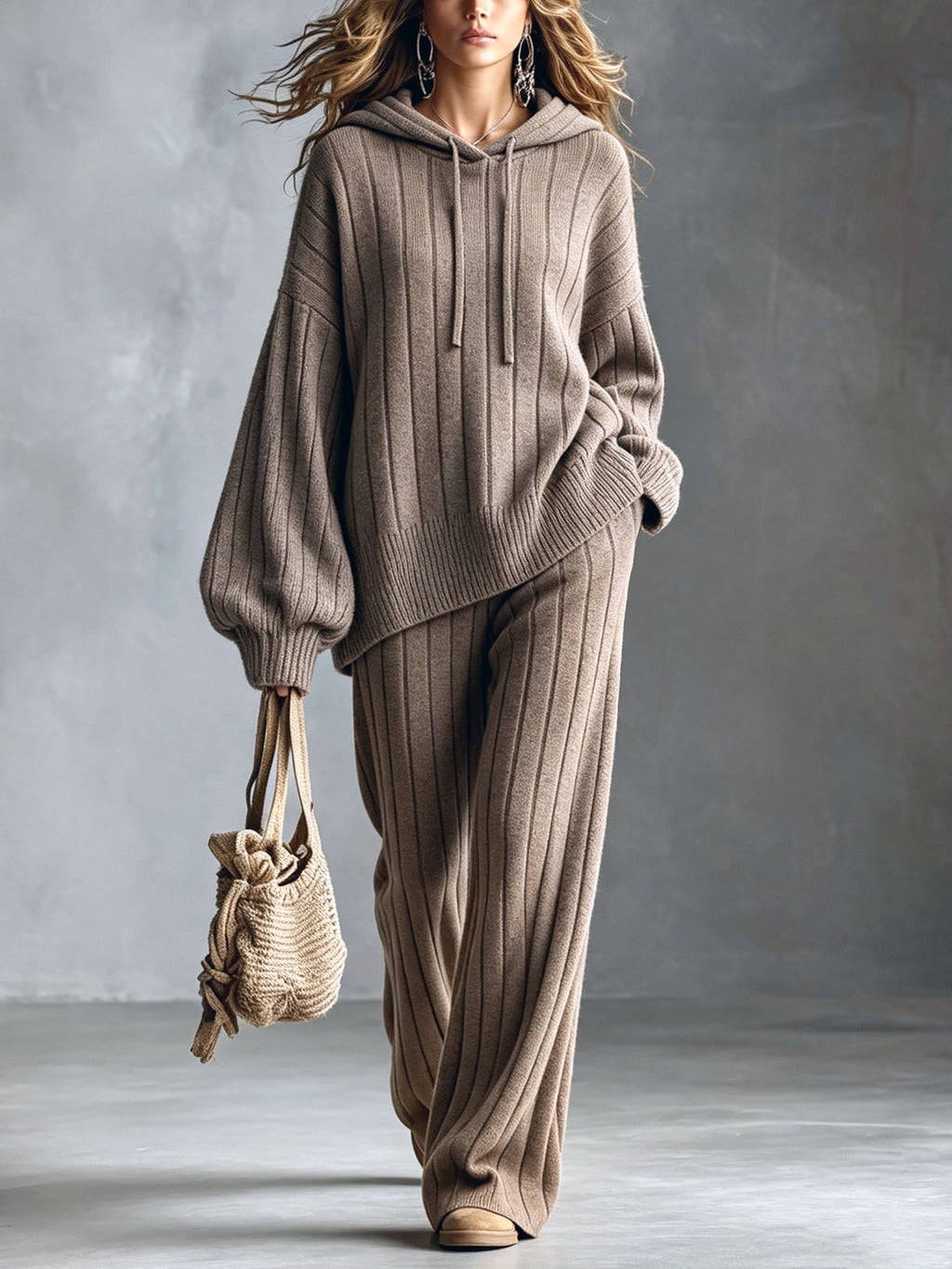 Chic Elegant Light Brown Hooded Long-Sleeve Oversized Sweater Elastic-Waist Wide-Leg Pants Wool Blend Ribbed Knit Two-Piece Set