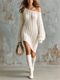 Chic Casual Off-White Off Shoulder Dropped-Shoulder Long-Sleeve Asymmetrical Hem Loose-Fit Openwork Knit Mini Dress