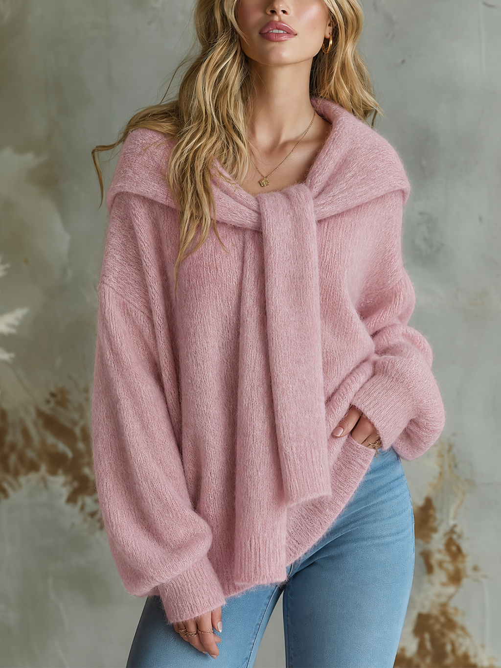Chic Casual Dusty Pink Detachable Scarf Collar Dropped-Shoulder Long-Sleeve Loose-Fit Fuzzy Knit Sweater