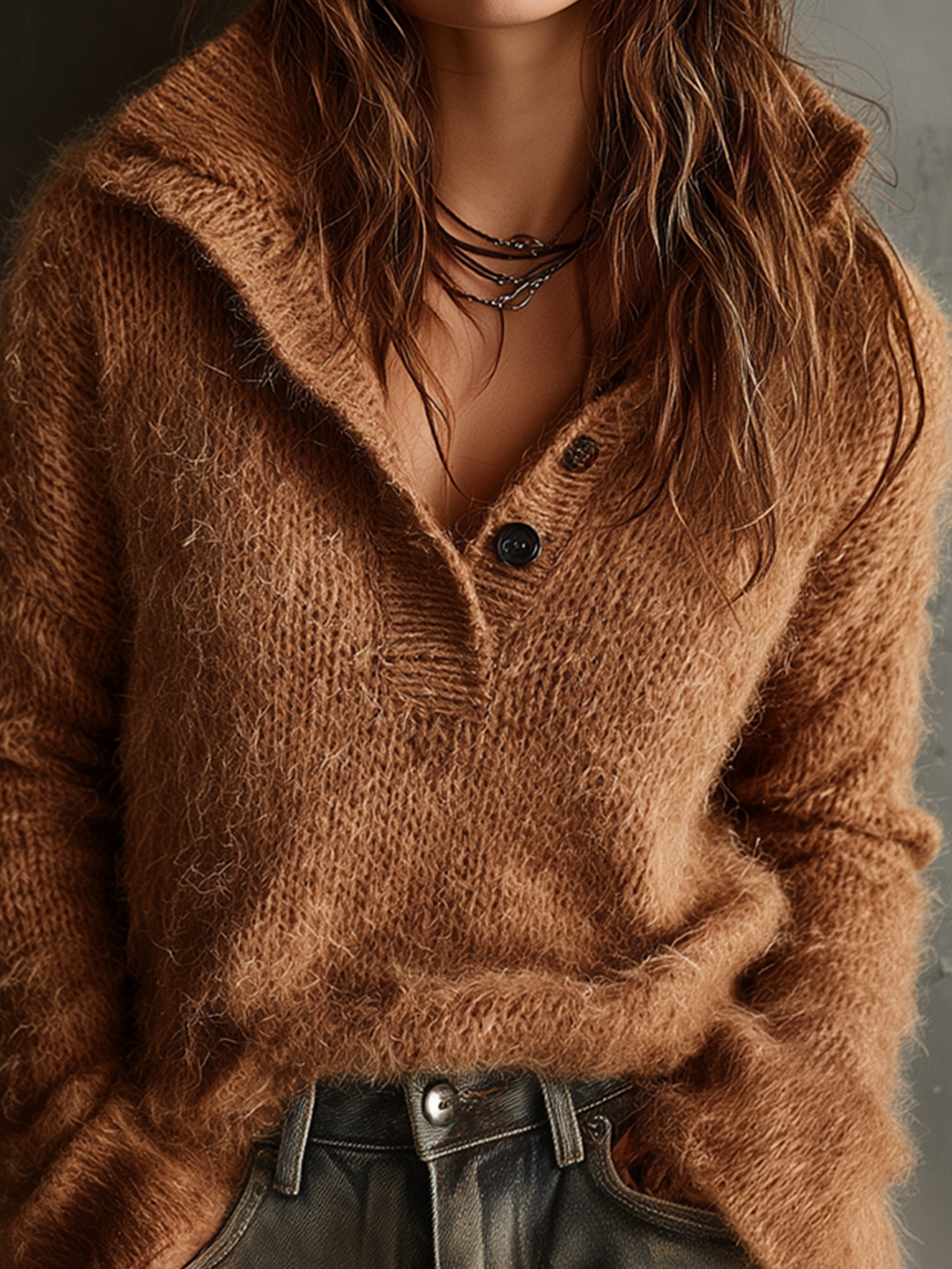 Chic Casual Brown Stand Collar Button-Front Flared Long-Sleeve Loose-Fit Fuzzy Knit Sweater