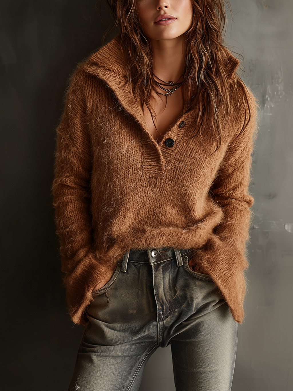 Chic Casual Brown Stand Collar Button-Front Flared Long-Sleeve Loose-Fit Fuzzy Knit Sweater