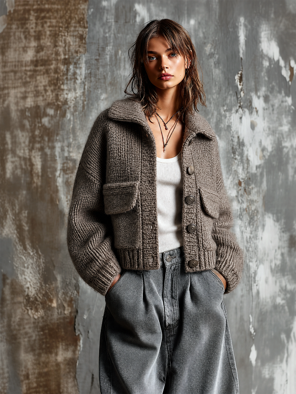 Chic Casual Taupe Lapel Collar Single-Breasted Patch Pocket Dropped-Shoulder Long-Sleeve Loose-Fit Knit Cardigan