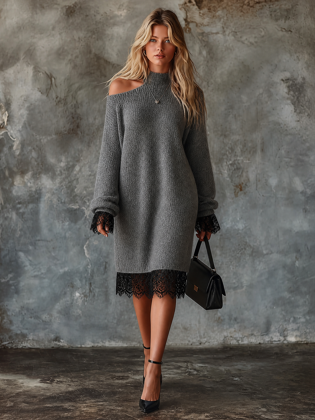 Chic Casual Heather Grey Mock Neck Cold Shoulder Lace Trim Long-Sleeve Loose-Fit Knit Midi Dress