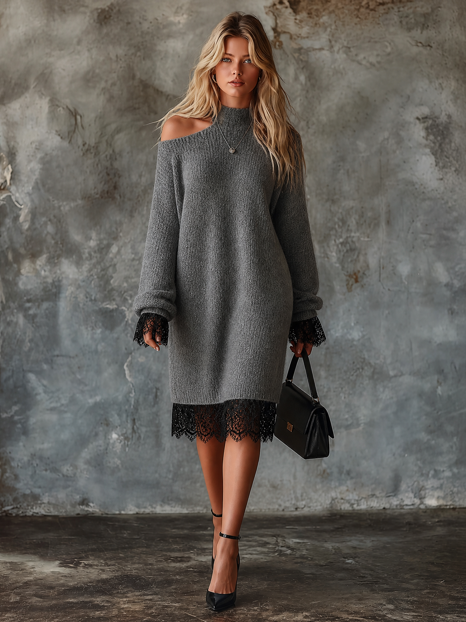Chic Casual Heather Grey Mock Neck Cold Shoulder Lace Trim Long-Sleeve Loose-Fit Knit Midi Dress