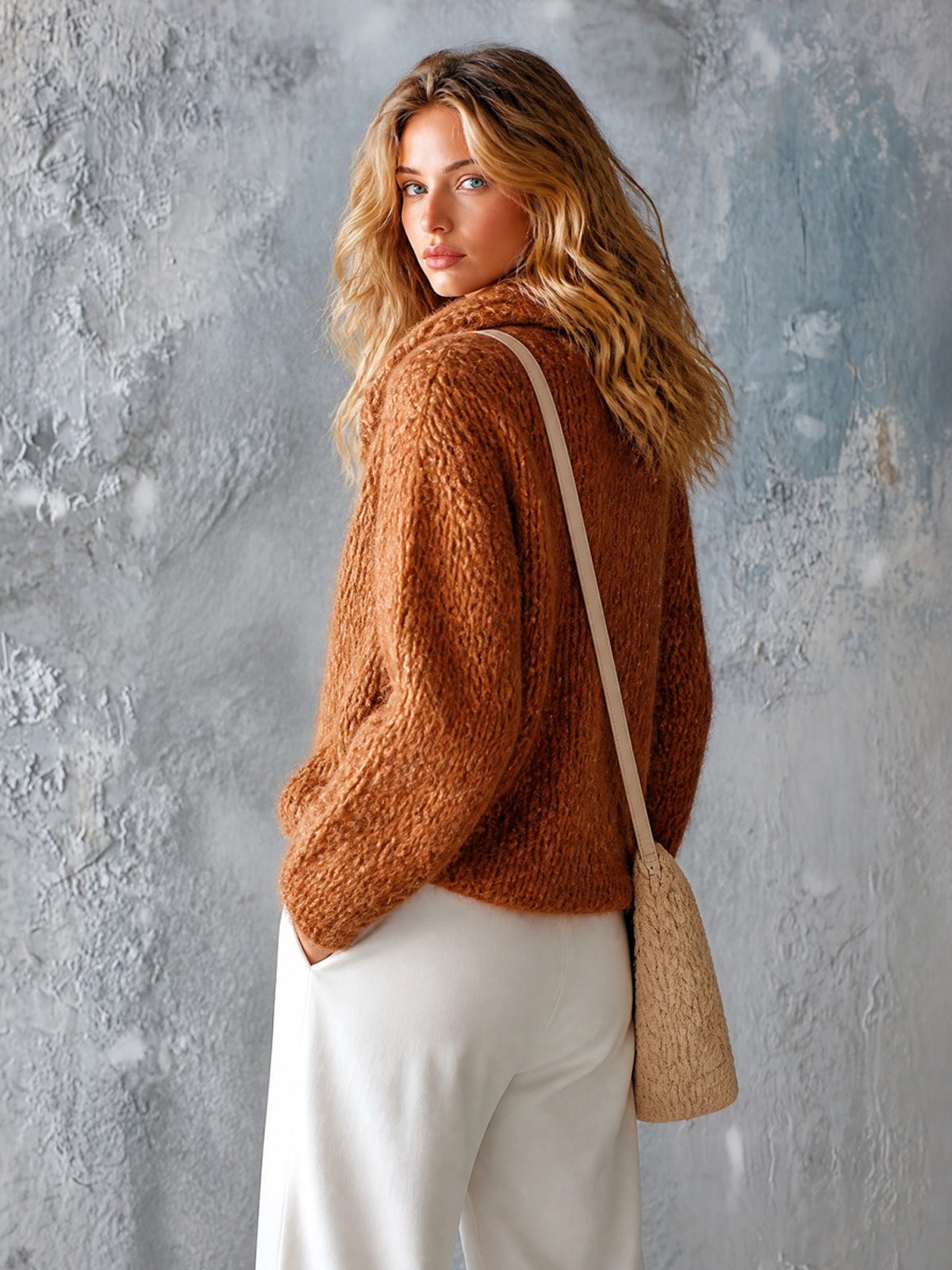 Chic Casual Caramel Brown Shawl-Collar Long-Sleeve Double-Breasted Loose-Fit Soft Mohair Blend Knit Cardigan