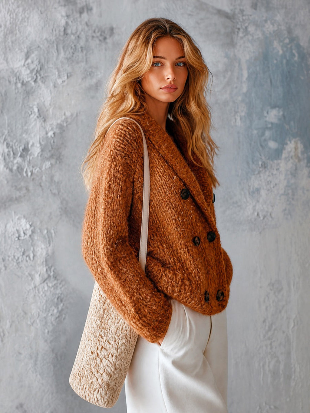Chic Casual Caramel Brown Shawl-Collar Long-Sleeve Double-Breasted Loose-Fit Soft Mohair Blend Knit Cardigan