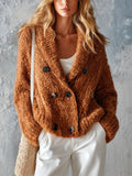 Chic Casual Caramel Brown Shawl-Collar Long-Sleeve Double-Breasted Loose-Fit Soft Mohair Blend Knit Cardigan