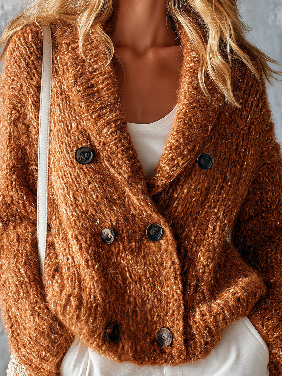 Chic Casual Caramel Brown Shawl-Collar Long-Sleeve Double-Breasted Loose-Fit Soft Mohair Blend Knit Cardigan
