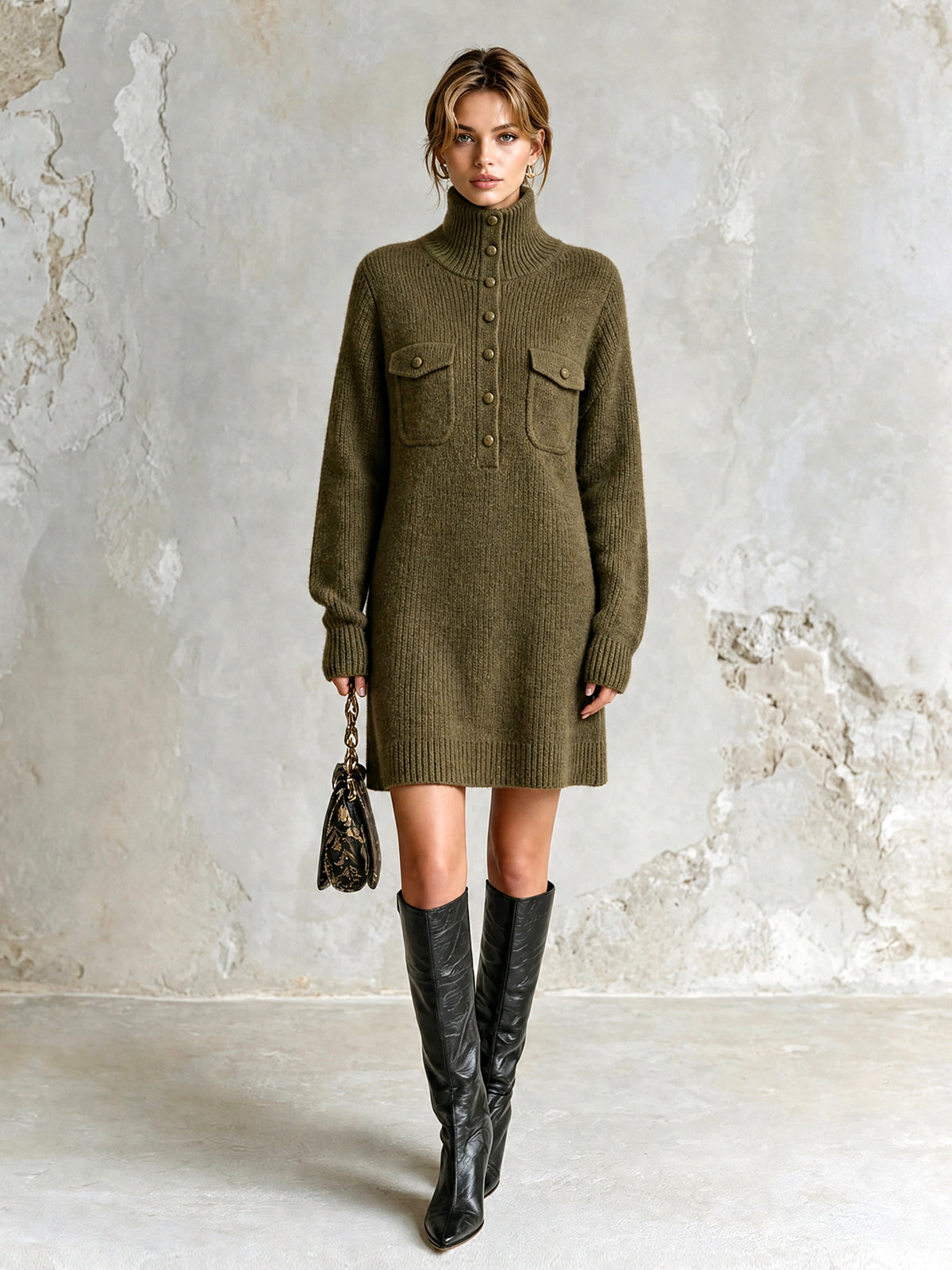 Chic Casual Army Green Turtleneck Button-Front Long-Sleeve Patch Pockets H-Shaped Loose-Fit Wool Blend Knit Mini Dress