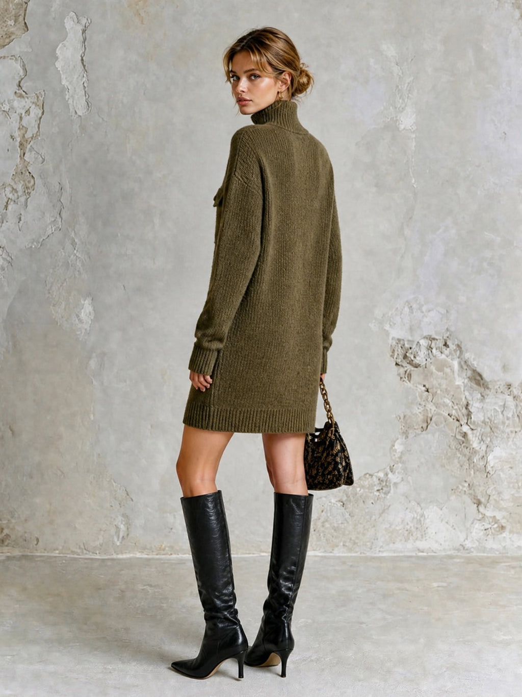 Chic Casual Army Green Turtleneck Button-Front Long-Sleeve Patch Pockets H-Shaped Loose-Fit Wool Blend Knit Mini Dress