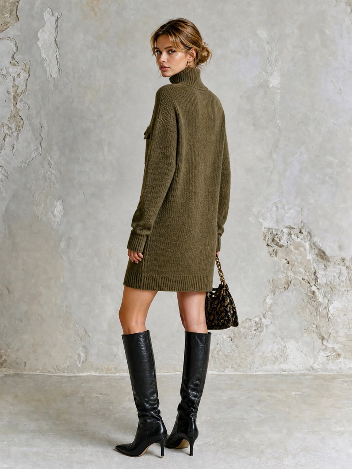 Chic Casual Army Green Turtleneck Button-Front Long-Sleeve Patch Pockets H-Shaped Loose-Fit Wool Blend Knit Mini Dress