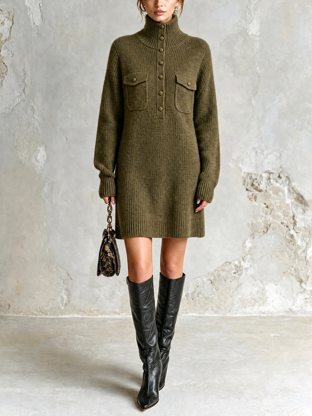 Chic Casual Army Green Turtleneck Button-Front Long-Sleeve Patch Pockets H-Shaped Loose-Fit Wool Blend Knit Mini Dress