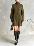 Chic Casual Army Green Turtleneck Button-Front Long-Sleeve Patch Pockets H-Shaped Loose-Fit Wool Blend Knit Mini Dress
