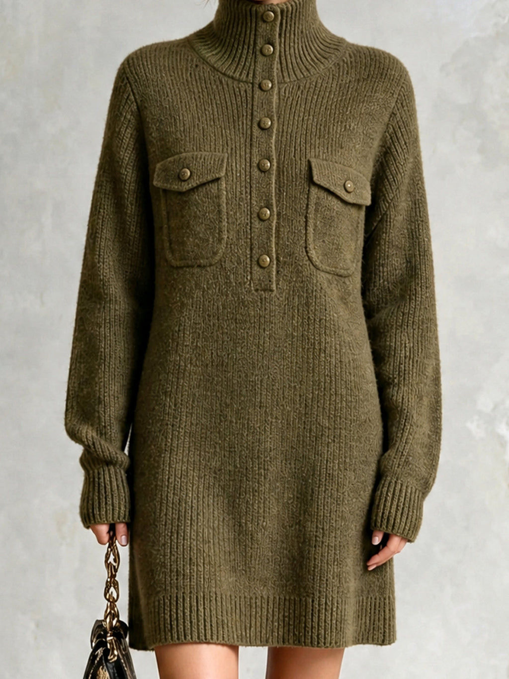 Chic Casual Army Green Turtleneck Button-Front Long-Sleeve Patch Pockets H-Shaped Loose-Fit Wool Blend Knit Mini Dress
