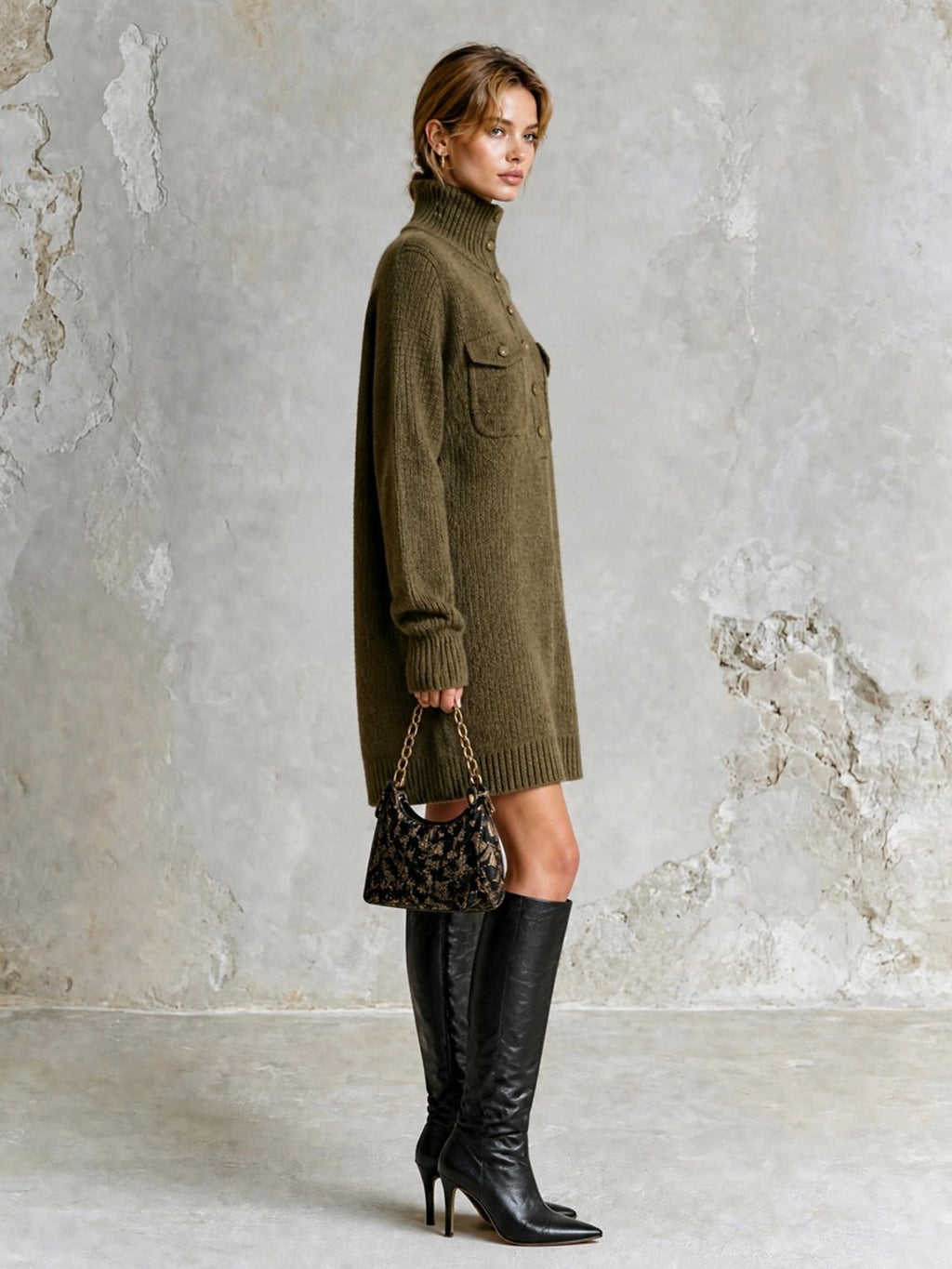 Chic Casual Army Green Turtleneck Button-Front Long-Sleeve Patch Pockets H-Shaped Loose-Fit Wool Blend Knit Mini Dress