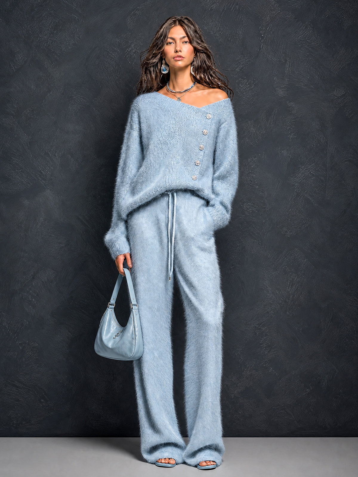Chic Elegant Blue Asymmetrical Neck Button-Front Long-Sleeve Loose-Fit Sweater Drawstring-Waist Straight Pants Fuzzy Knit Two-Piece Set