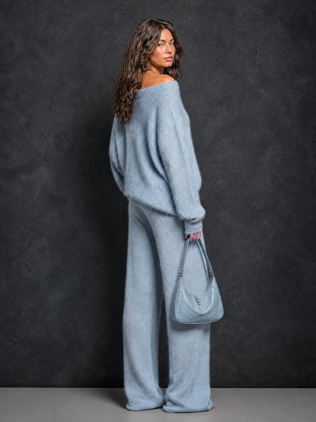 Chic Elegant Blue Asymmetrical Neck Button-Front Long-Sleeve Loose-Fit Sweater Drawstring-Waist Straight Pants Fuzzy Knit Two-Piece Set