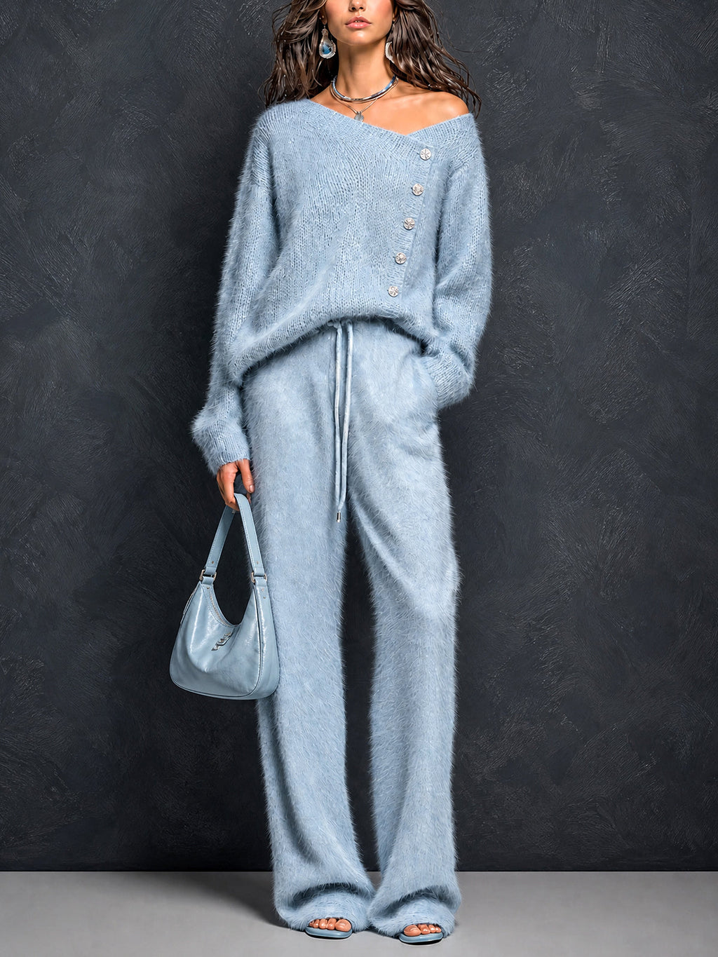 Chic Elegant Blue Asymmetrical Neck Button-Front Long-Sleeve Loose-Fit Sweater Drawstring-Waist Straight Pants Fuzzy Knit Two-Piece Set