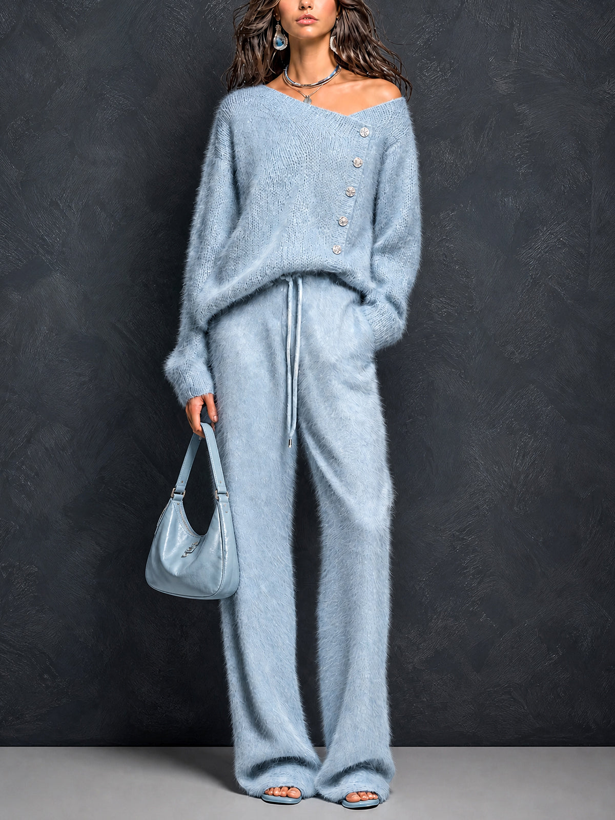 Chic Elegant Blue Asymmetrical Neck Button-Front Long-Sleeve Loose-Fit Sweater Drawstring-Waist Straight Pants Fuzzy Knit Two-Piece Set