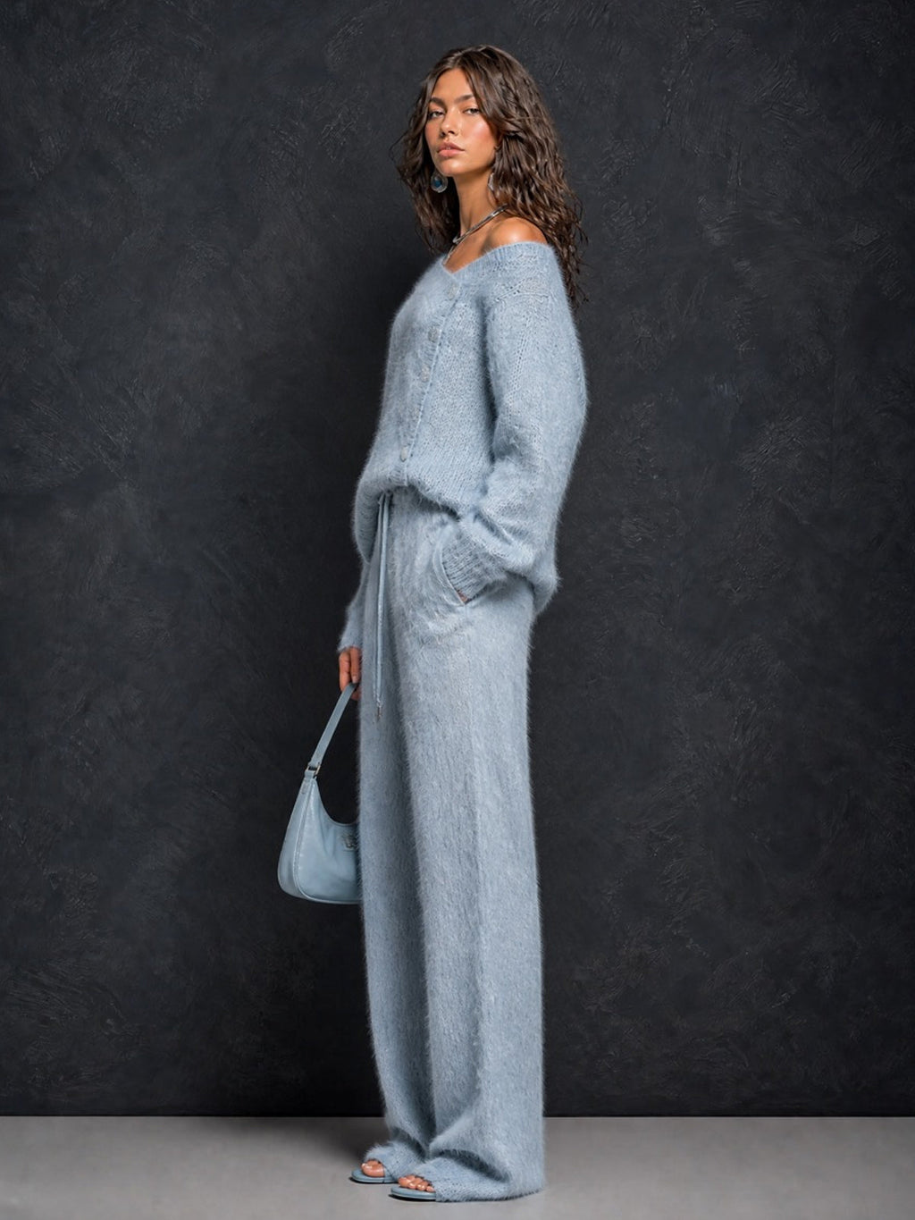 Chic Elegant Blue Asymmetrical Neck Button-Front Long-Sleeve Loose-Fit Sweater Drawstring-Waist Straight Pants Fuzzy Knit Two-Piece Set