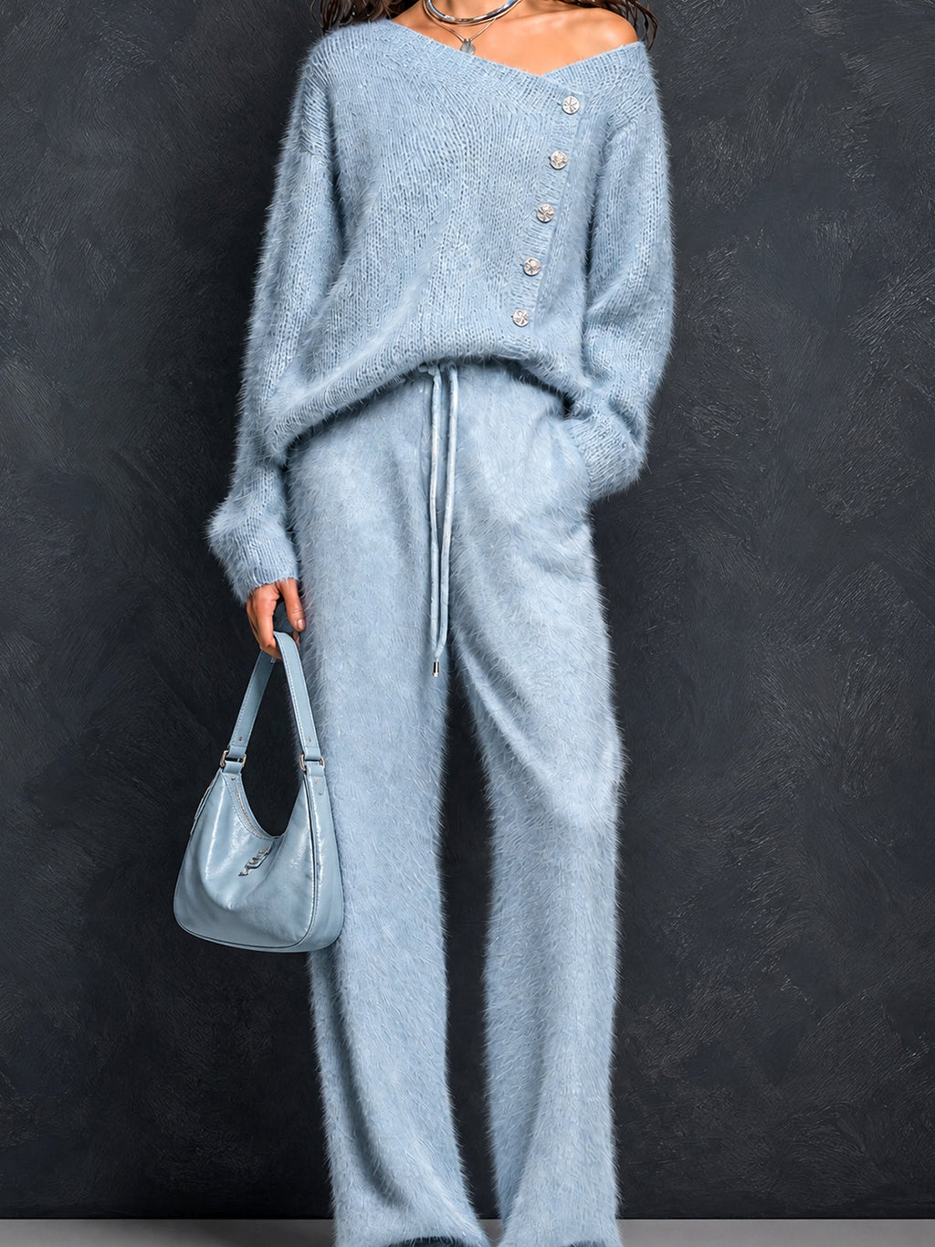 Chic Elegant Blue Asymmetrical Neck Button-Front Long-Sleeve Loose-Fit Sweater Drawstring-Waist Straight Pants Fuzzy Knit Two-Piece Set