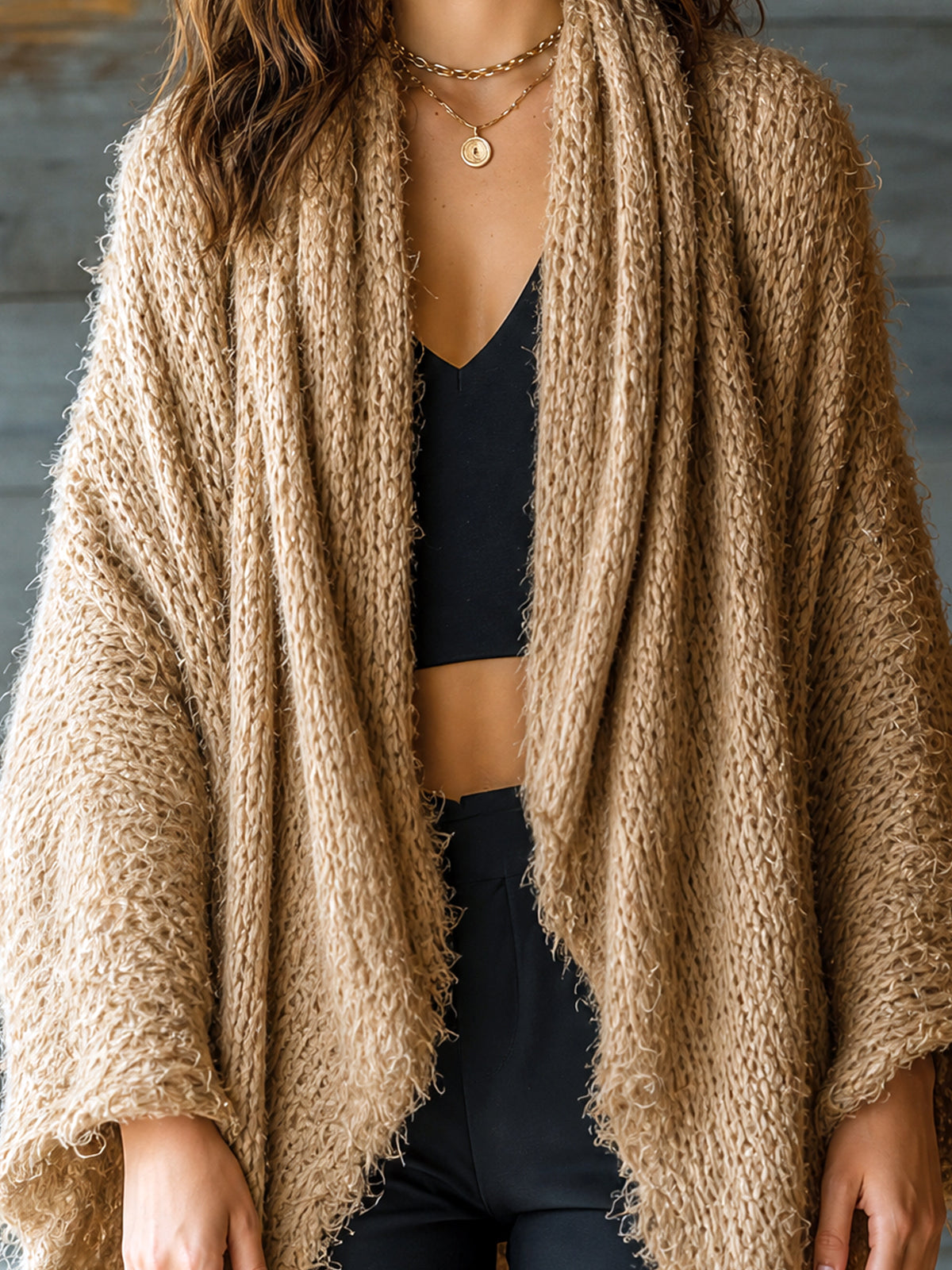 Chic Elegant Camel Long-Flare-Sleeve Loose-Fit Ruched Detail Asymmetrical Hem Mohair Blend Knit Cardigan