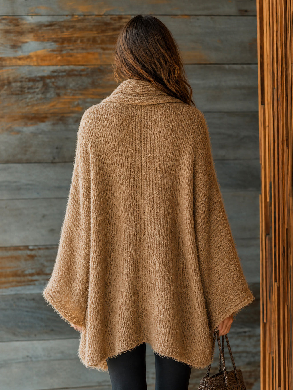 Chic Elegant Camel Long-Flare-Sleeve Loose-Fit Ruched Detail Asymmetrical Hem Mohair Blend Knit Cardigan