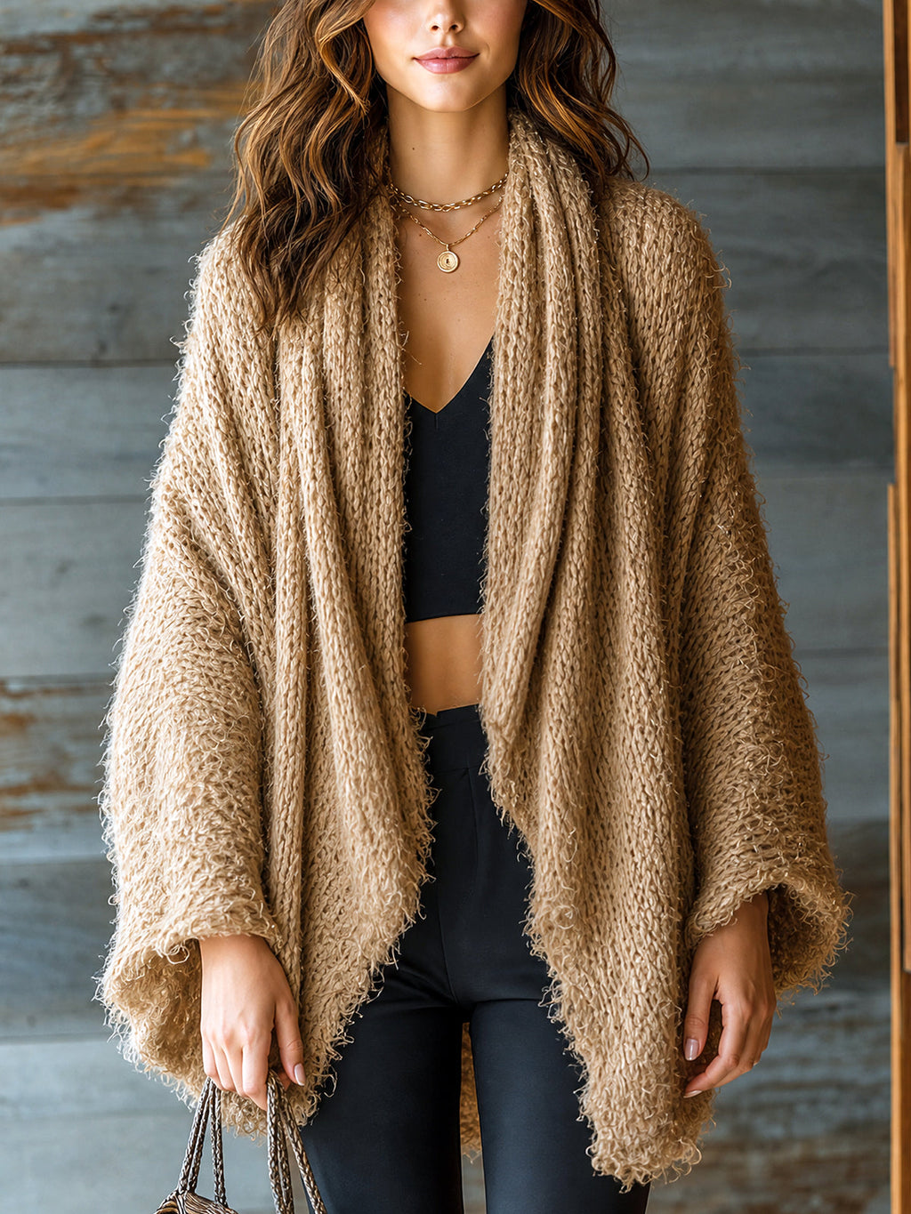 Chic Elegant Camel Long-Flare-Sleeve Loose-Fit Ruched Detail Asymmetrical Hem Mohair Blend Knit Cardigan