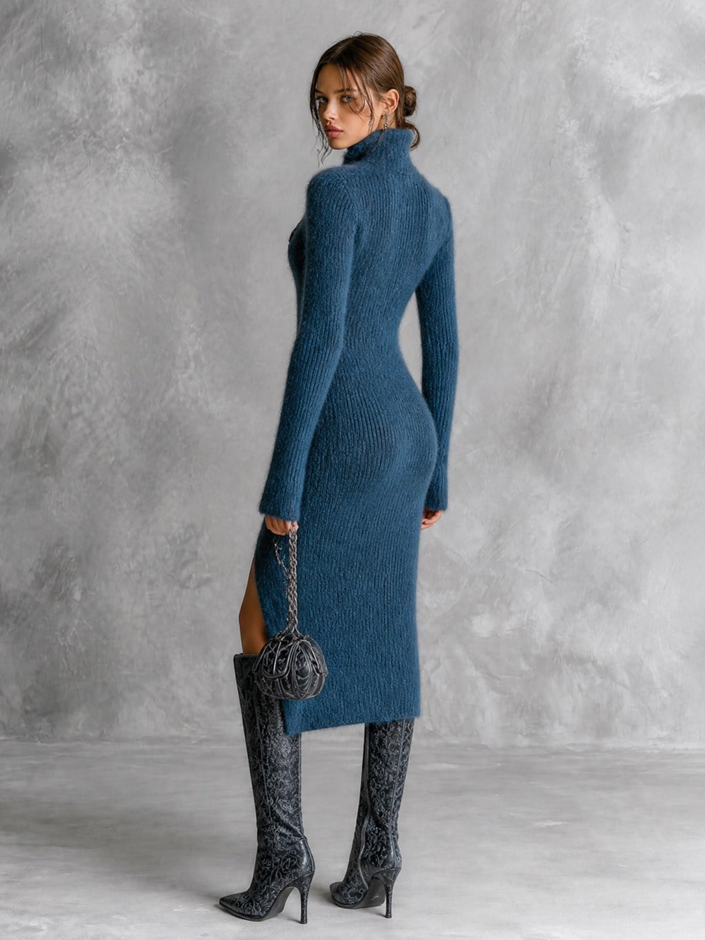 Chic Elegant Dark Blue Stand Collar Long-Sleeve Decorative Metal Rings Slit Hem Slim-Fit Mohair Blend Knit Midi Dress