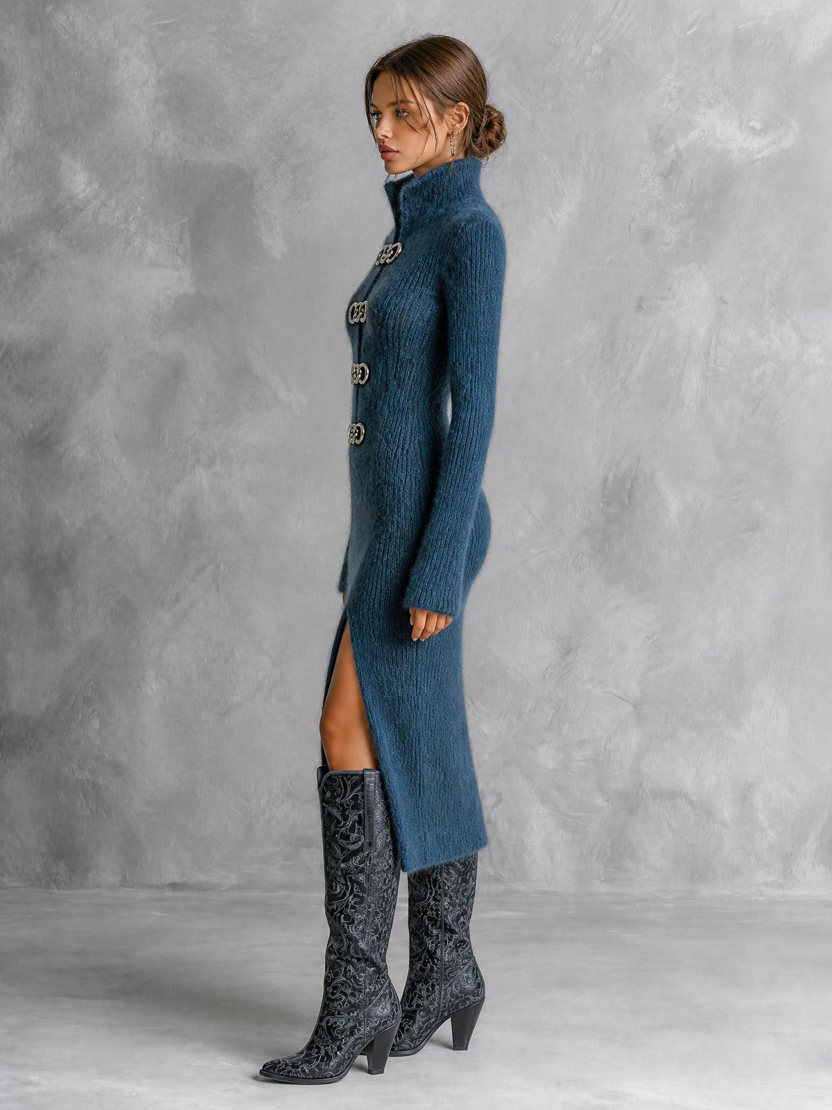 Chic Elegant Dark Blue Stand Collar Long-Sleeve Decorative Metal Rings Slit Hem Slim-Fit Mohair Blend Knit Midi Dress