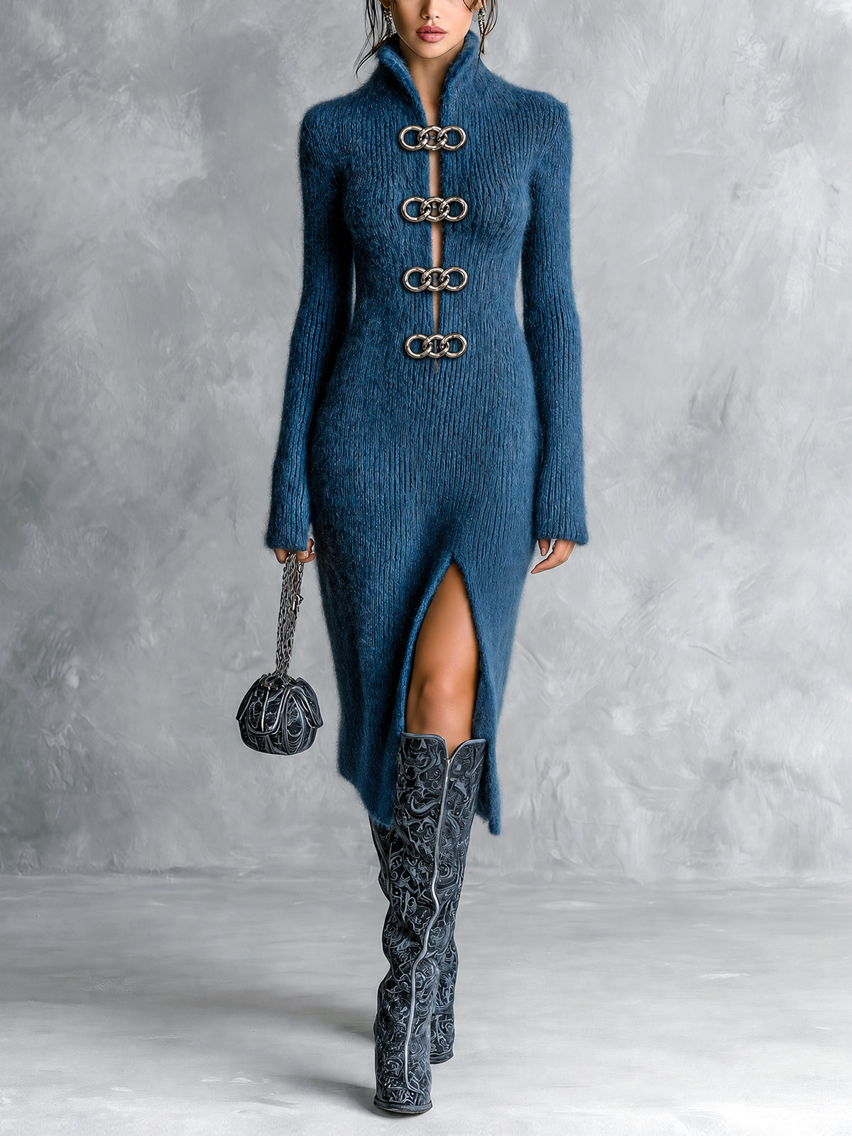 Chic Elegant Dark Blue Stand Collar Long-Sleeve Decorative Metal Rings Slit Hem Slim-Fit Mohair Blend Knit Midi Dress