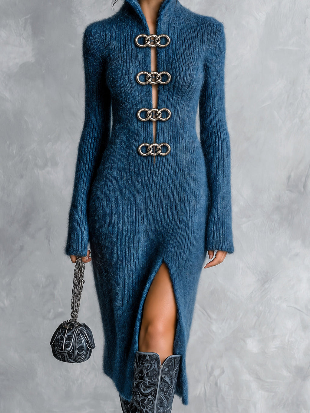 Chic Elegant Dark Blue Stand Collar Long-Sleeve Decorative Metal Rings Slit Hem Slim-Fit Mohair Blend Knit Midi Dress