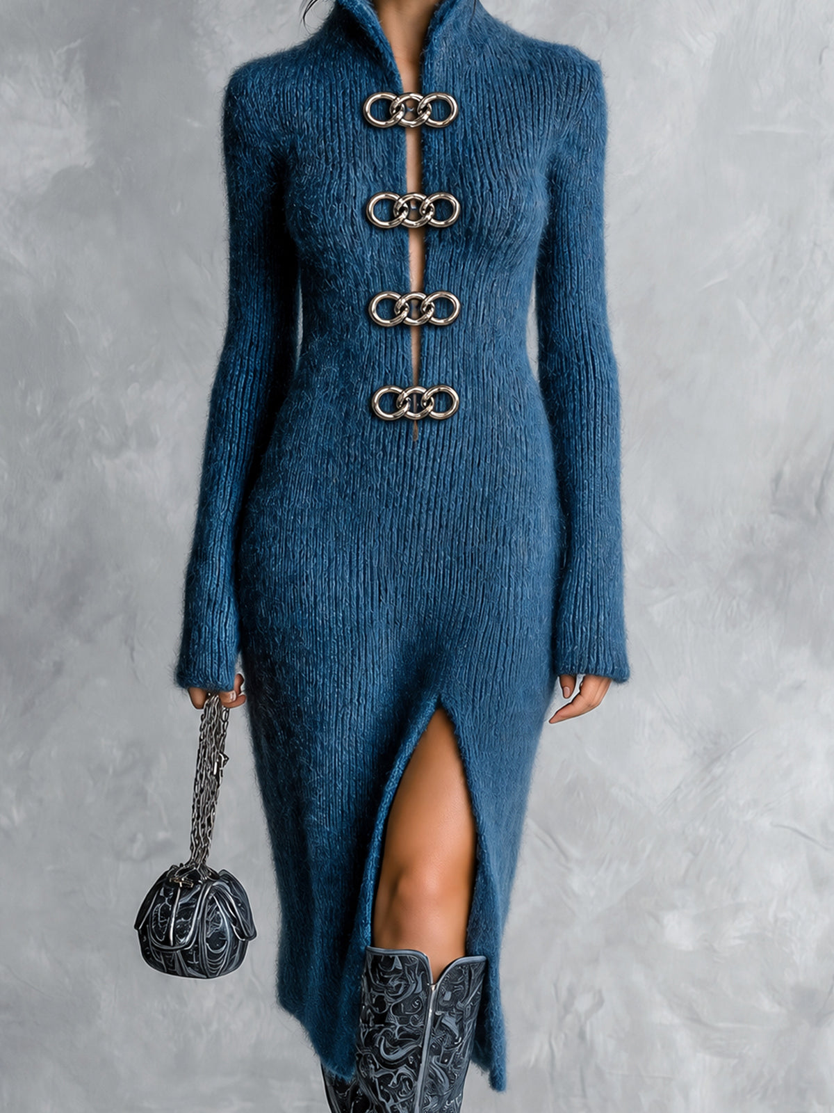 Chic Elegant Dark Blue Stand Collar Long-Sleeve Decorative Metal Rings Slit Hem Slim-Fit Mohair Blend Knit Midi Dress