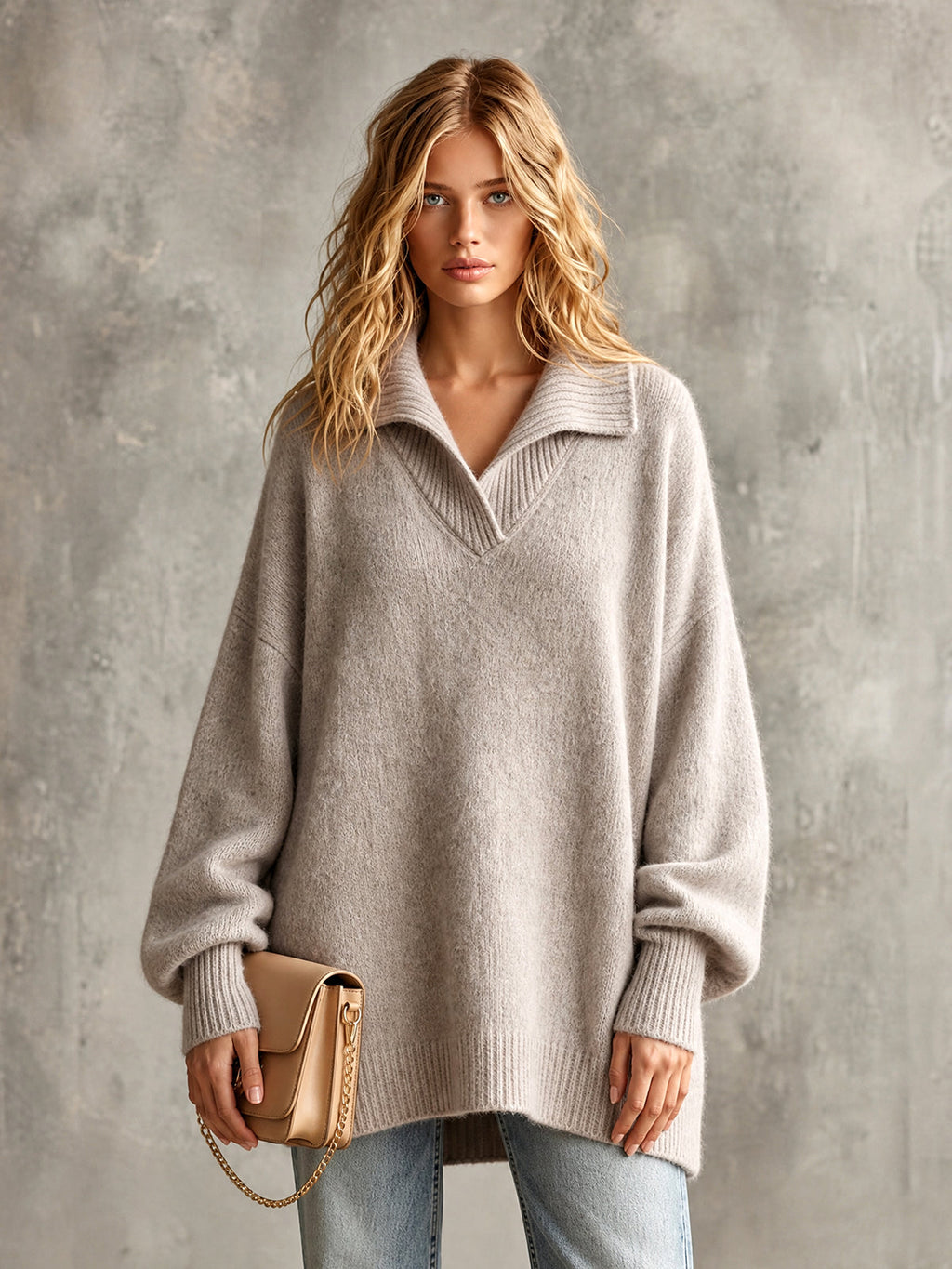 Chic Elegant Beige Gray Lapel V-Neck Dropped-Shoulder Long-Lantern-Sleeve Oversized Wool Blend Knit Sweater