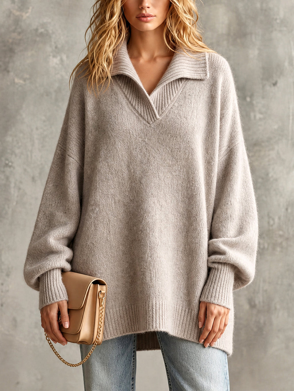 Chic Elegant Beige Gray Lapel V-Neck Dropped-Shoulder Long-Lantern-Sleeve Oversized Wool Blend Knit Sweater