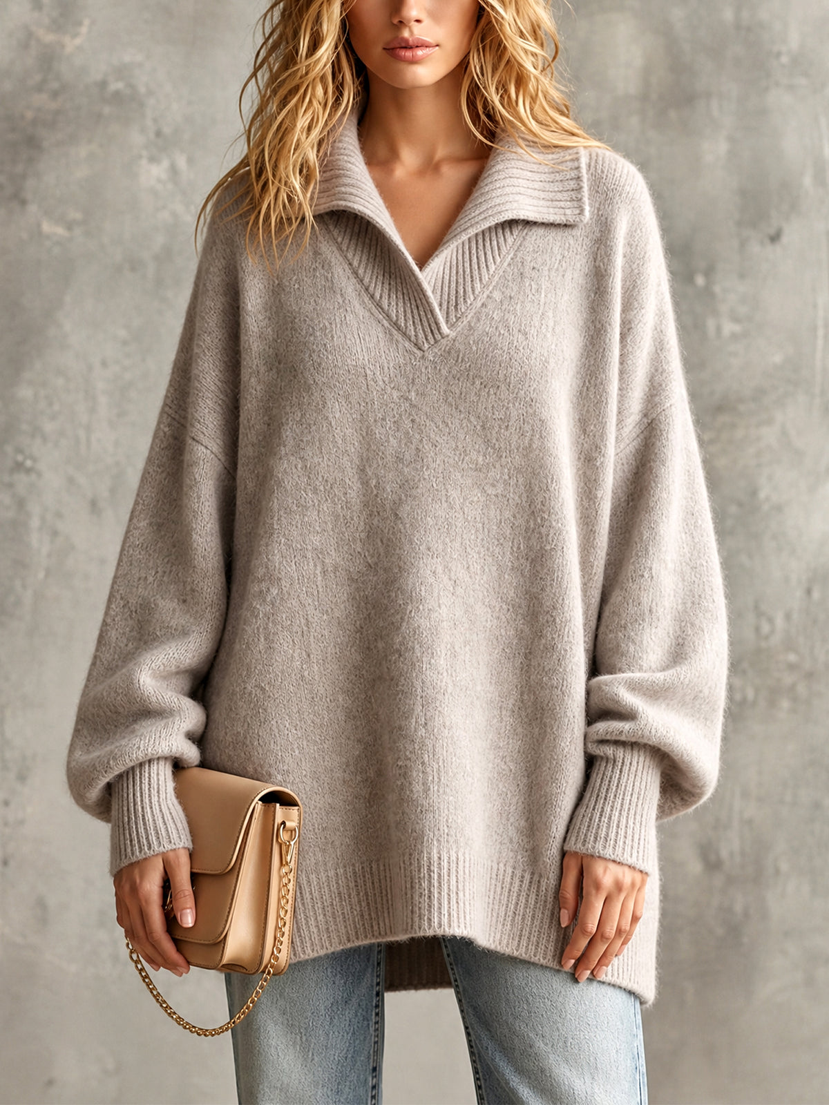 Chic Elegant Beige Gray Lapel V-Neck Dropped-Shoulder Long-Lantern-Sleeve Oversized Wool Blend Knit Sweater