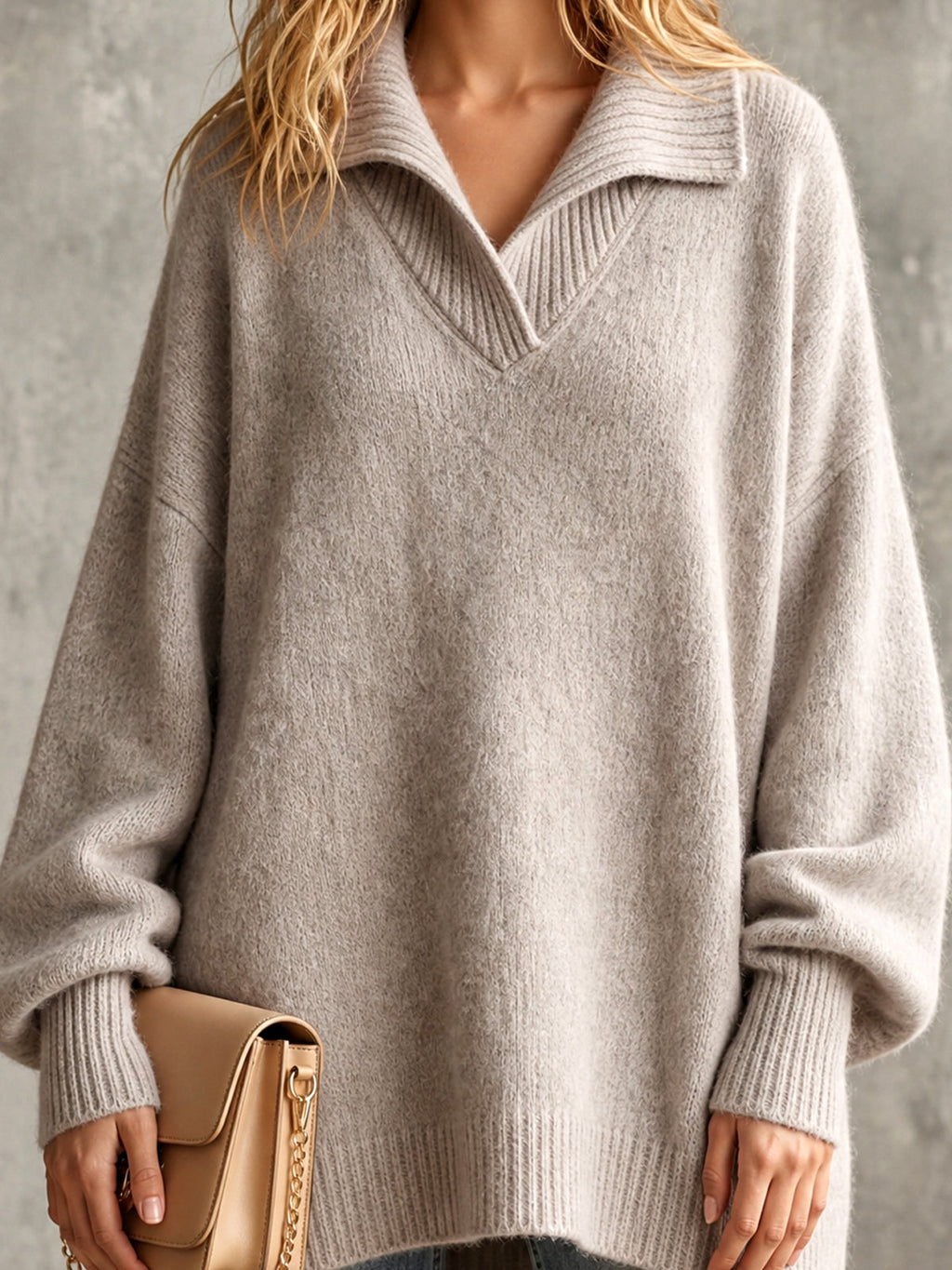 Chic Elegant Beige Gray Lapel V-Neck Dropped-Shoulder Long-Lantern-Sleeve Oversized Wool Blend Knit Sweater