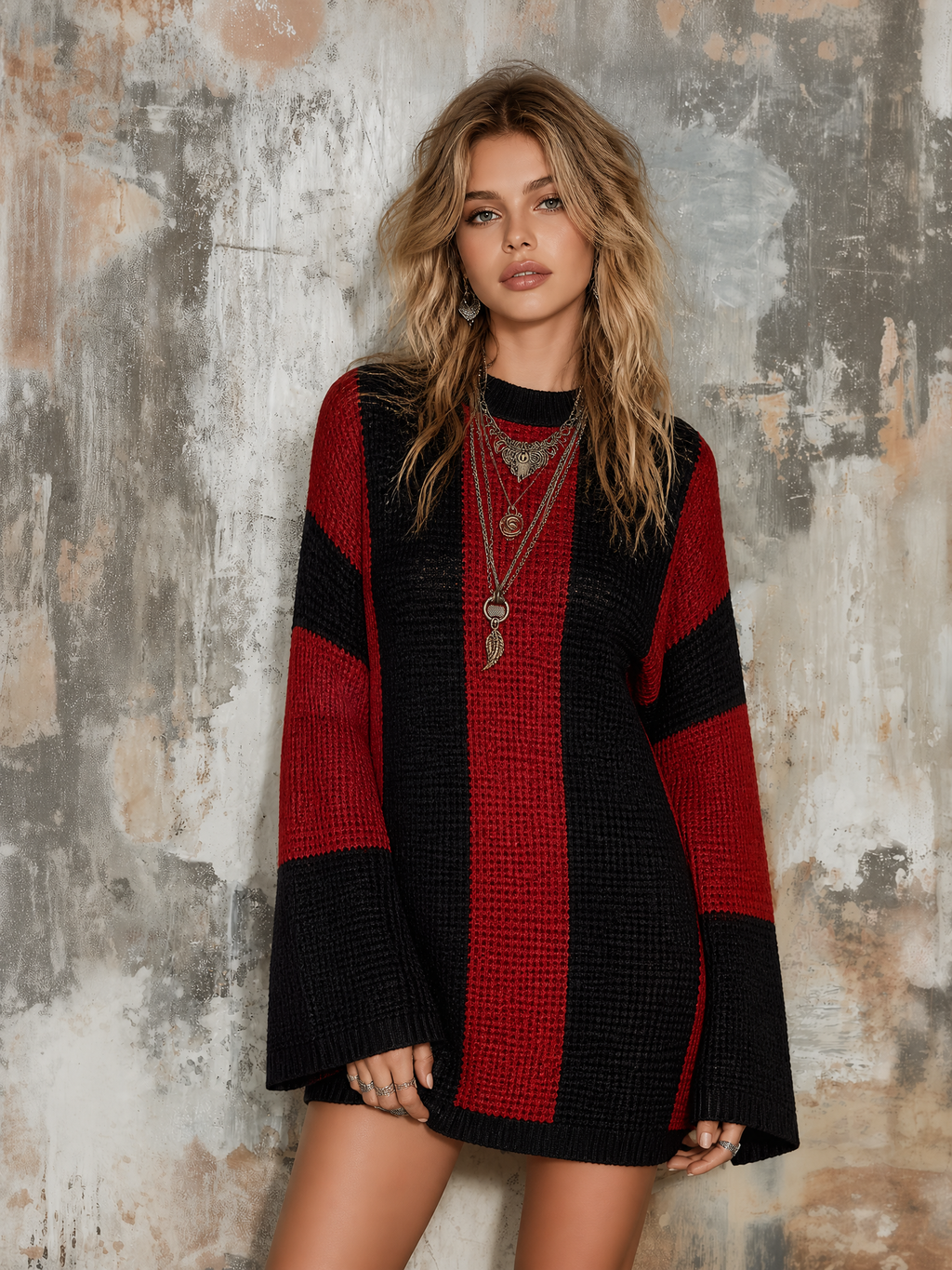 Chic Casual Black-Red Colorblock Round-Neck Flare Long-Sleeve Loose-Fit Knit Mini Dress