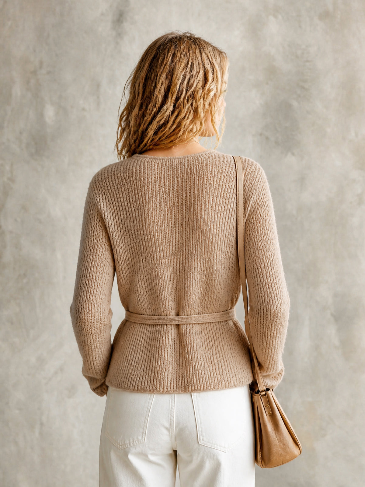 Chic Elegant Camel Round-Neck Long-Sleeve Self Tie-Waist Loose-Fit Wool Blend Knit Sweater