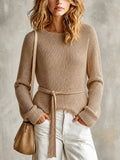 Chic Elegant Camel Round-Neck Long-Sleeve Self Tie-Waist Loose-Fit Wool Blend Knit Sweater