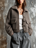 Chic Casual Taupe Lapel Collar Single-Breasted Patch Pocket Dropped-Shoulder Long-Sleeve Loose-Fit Knit Cardigan