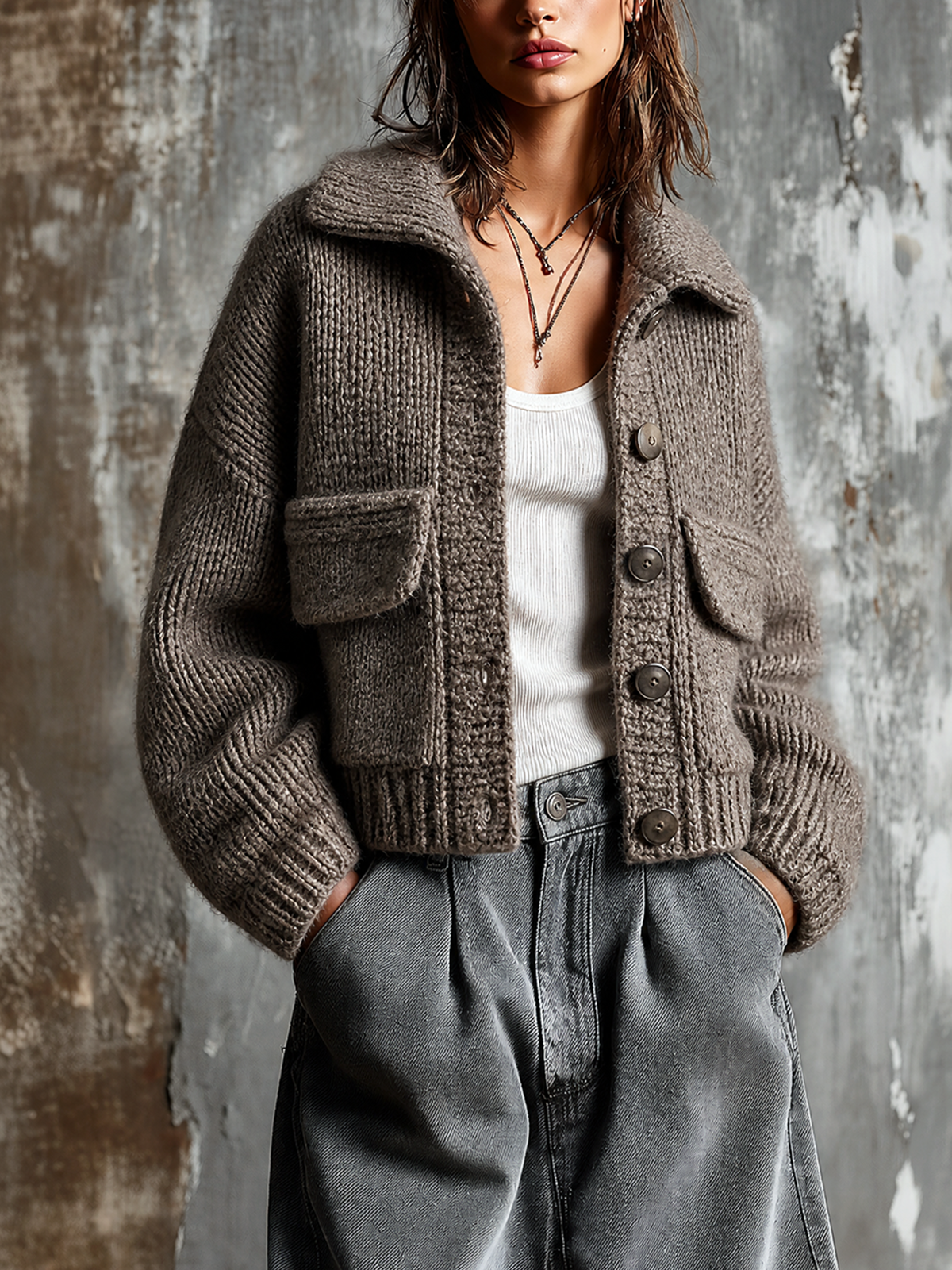 Chic Casual Taupe Lapel Collar Single-Breasted Patch Pocket Dropped-Shoulder Long-Sleeve Loose-Fit Knit Cardigan