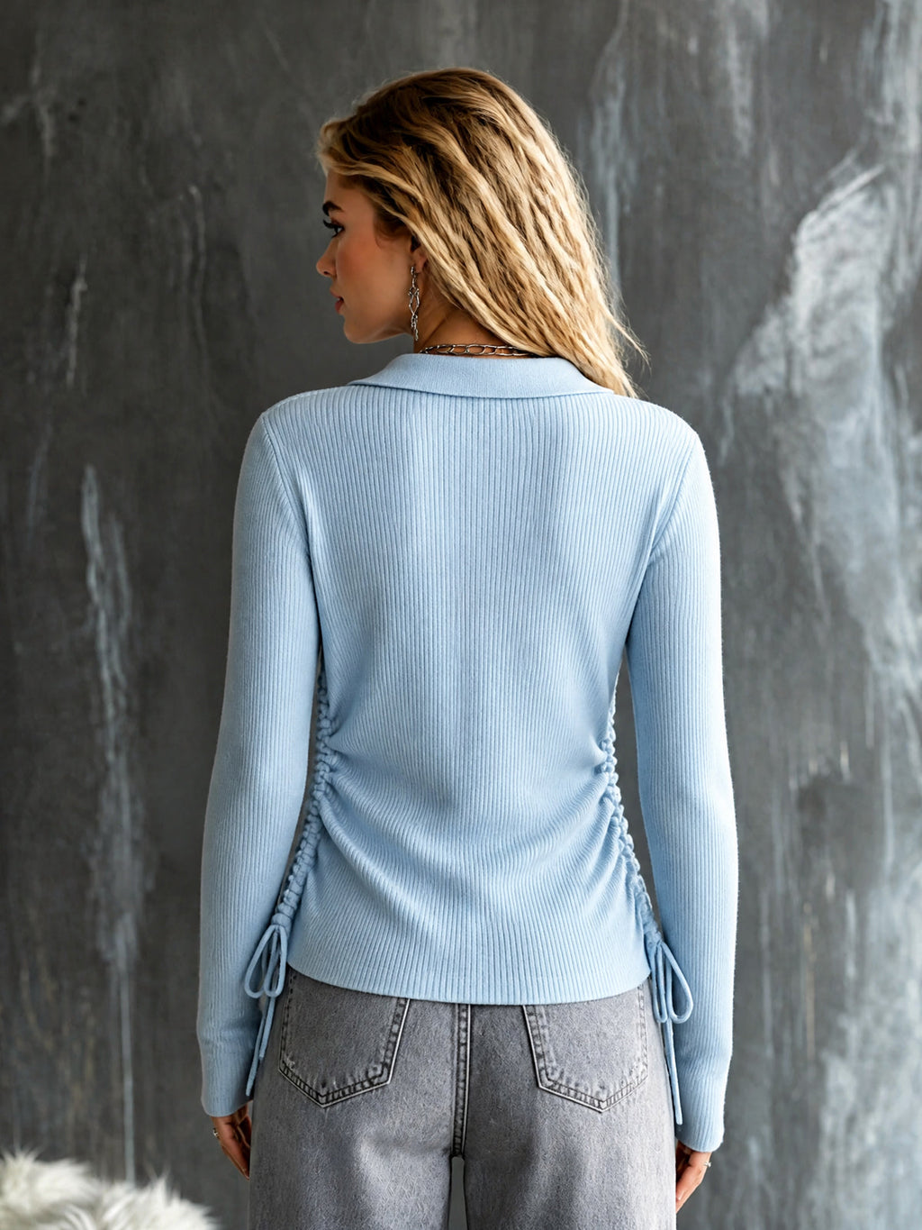 Chic Elegant Blue Lapel V-Neck Long-Sleeve Ruched Drawstring Detail Slim-Fit Wool Blend Ribbed Knit Sweater