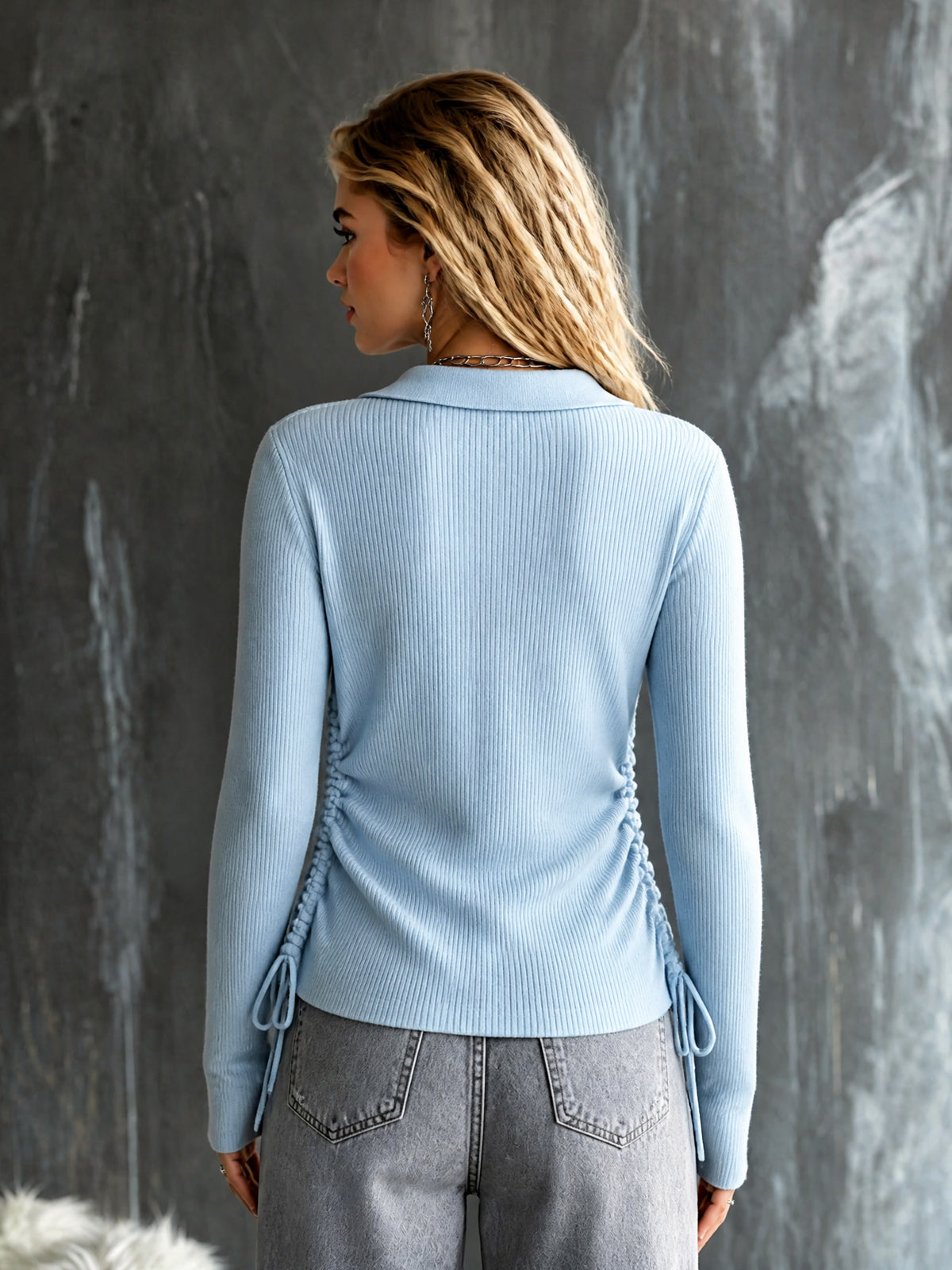 Chic Elegant Blue Lapel V-Neck Long-Sleeve Ruched Drawstring Detail Slim-Fit Wool Blend Ribbed Knit Sweater