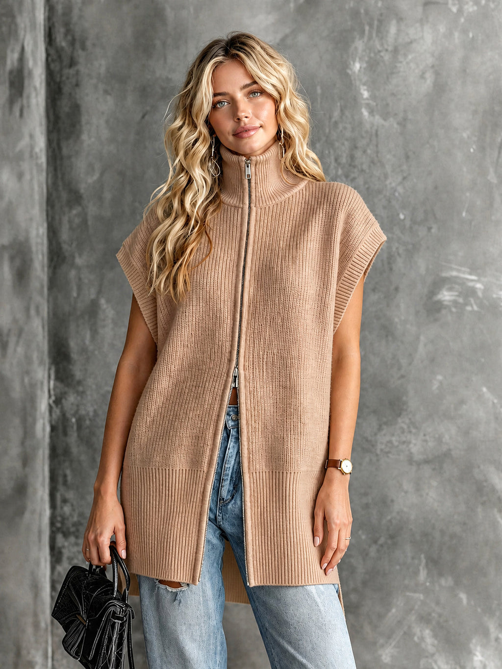 Chic Elegant Camel Turtleneck Dropped-Shoulder Sleeveless Zipper-Front Side-Slit Loose-Fit Wool Blend Ribbed Knit Vest